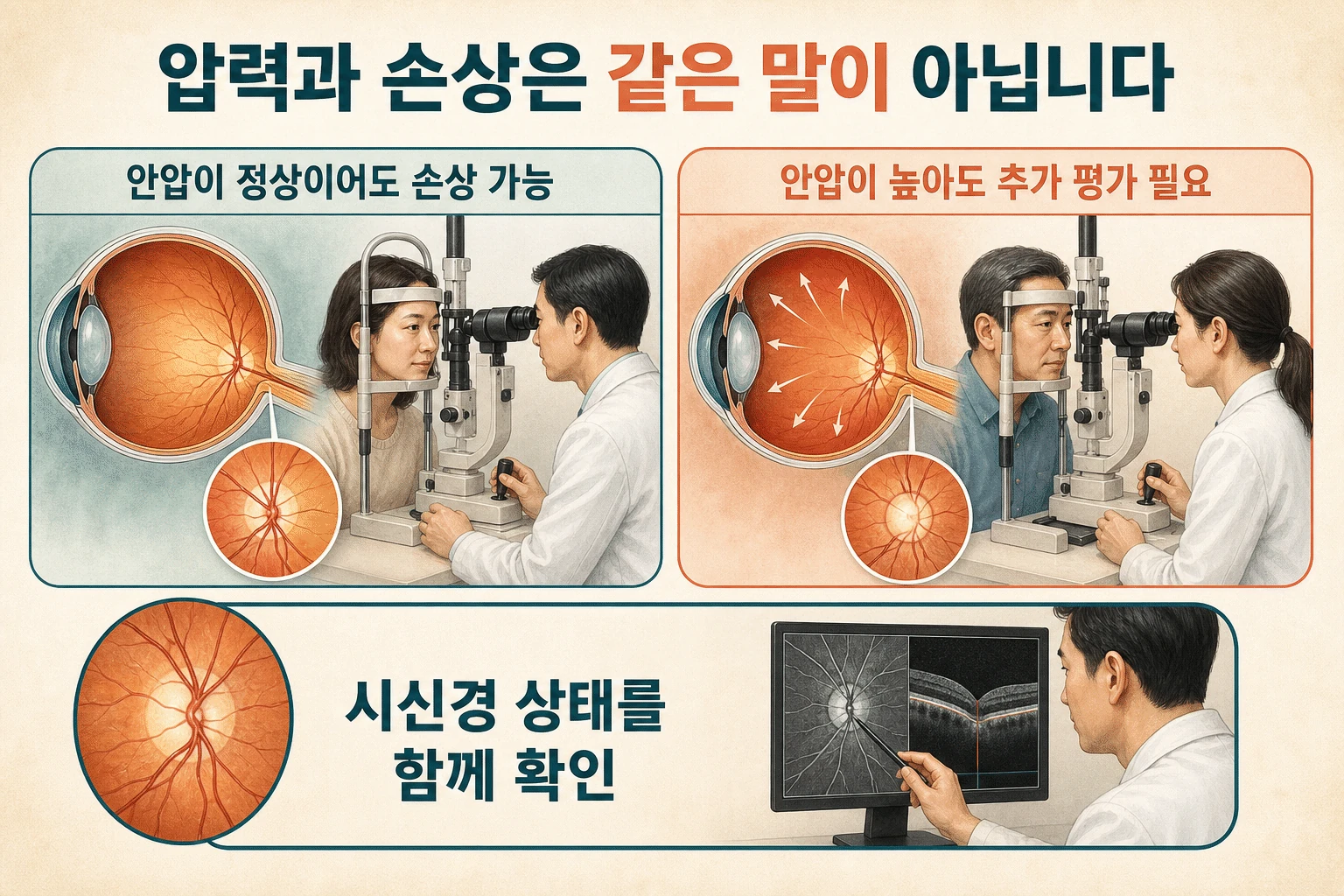 압력보다 중요한 시신경의 손상 내용을 설명하는 건강 정보 그림