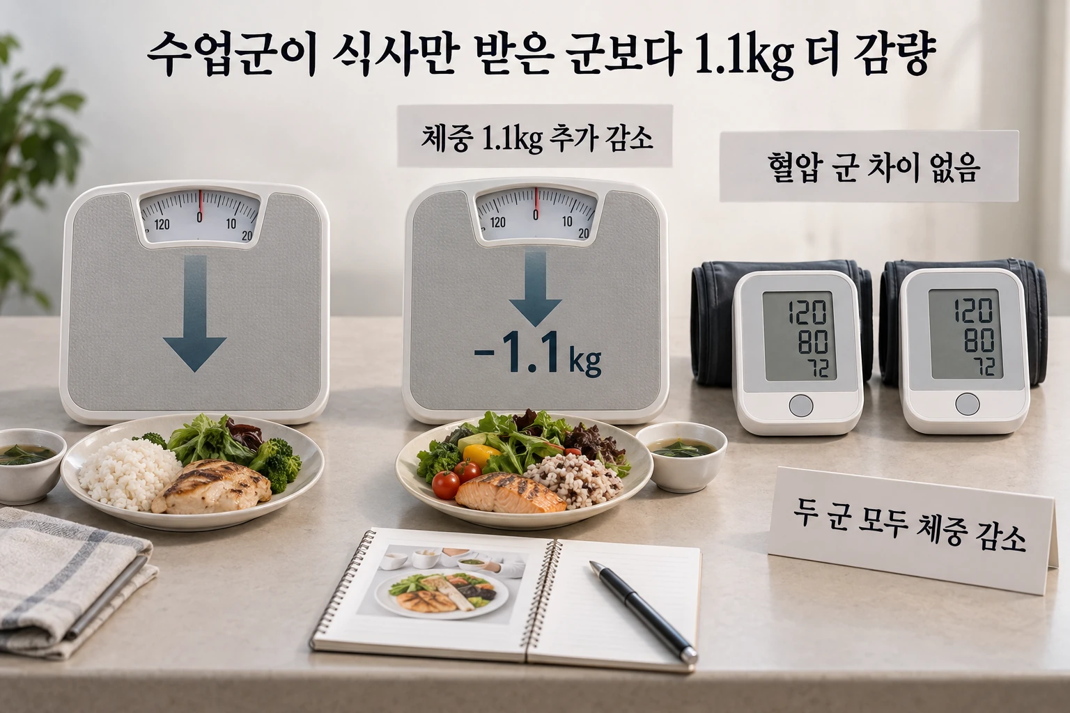 식단 수업과 한 끼 제공, 한 끼만 받을 때보다 체중이 더 줄었습니다 연구 결과와 적용 한계를 보여주는 3번째 인포그래픽