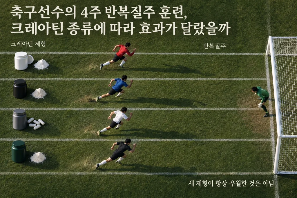 축구선수의 4주 반복질주 훈련, 크레아틴 종류에 따라 효과가 달랐을까 연구 결과와 적용 한계를 보여주는 1번째 인포그래픽