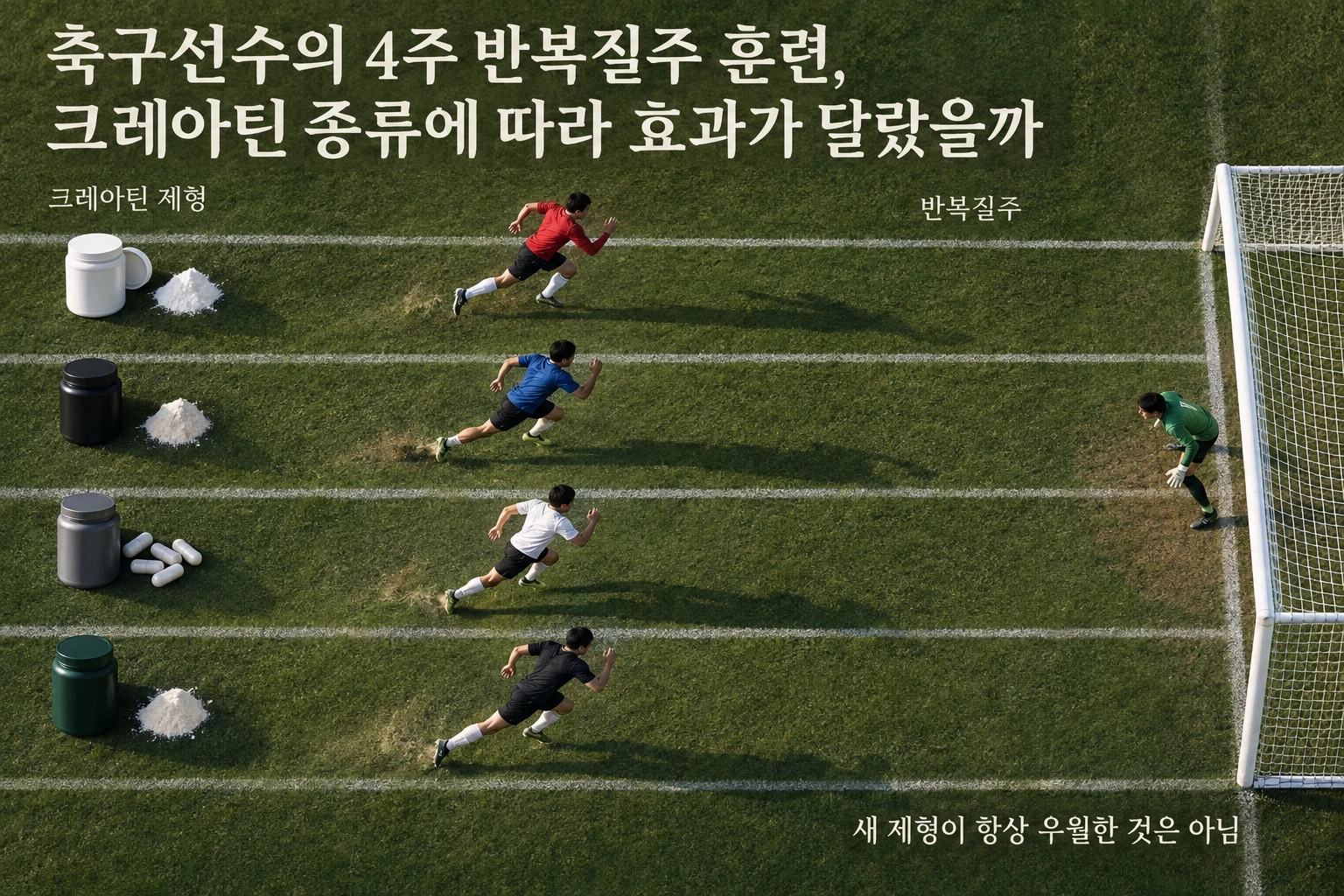 축구선수의 4주 반복질주 훈련, 크레아틴 종류에 따라 효과가 달랐을까 연구 결과와 적용 한계를 보여주는 1번째 인포그래픽