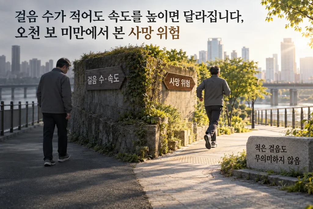 걸음 수가 적어도 속도를 높이면 달라집니다, 오천 보 미만에서 본 사망 위험 연구 결과와 적용 한계를 보여주는 1번째 인포그래픽