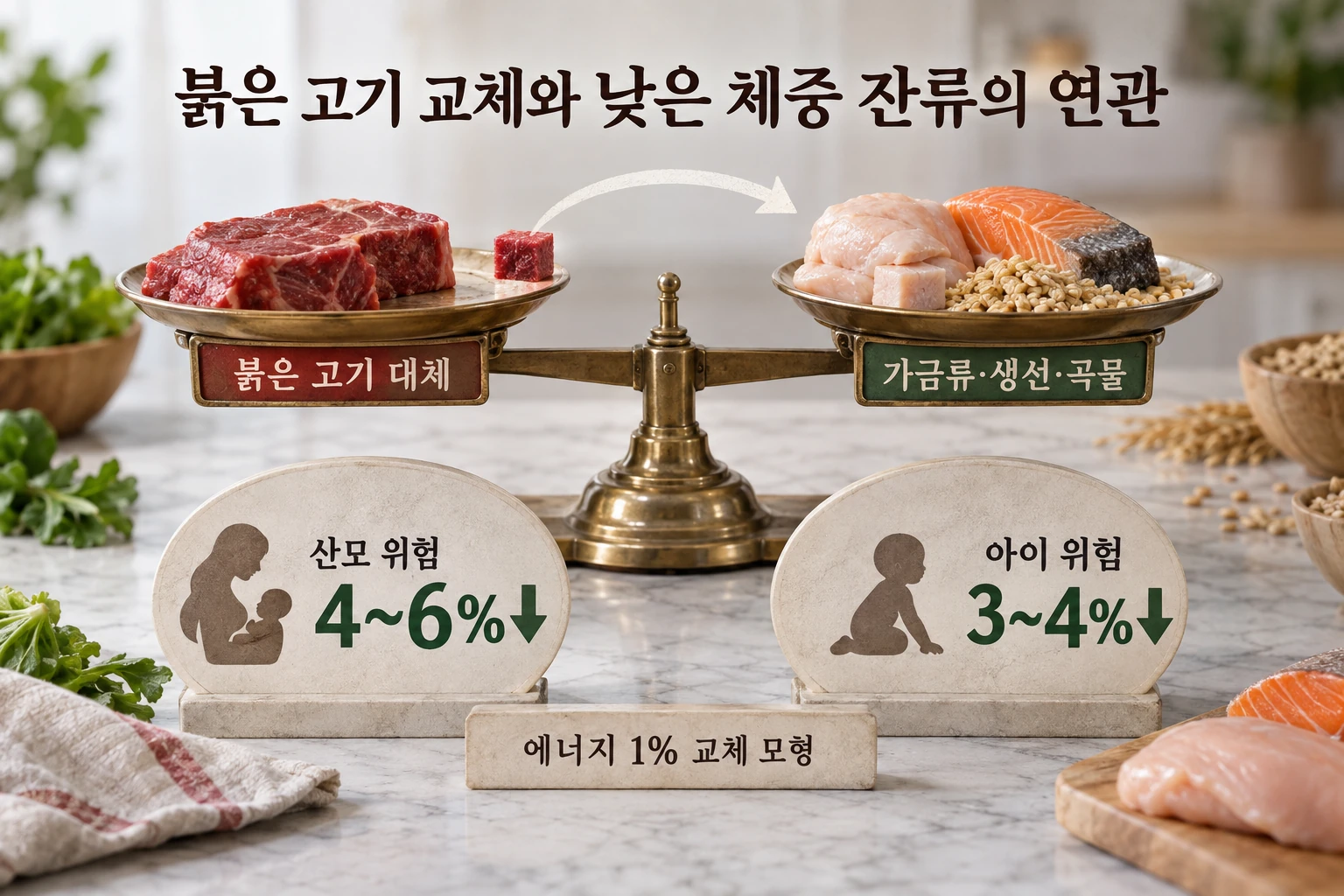 임신 중 단백질, 붉은 고기 대신 생선·닭고기를 먹으면 산후 체중이 덜 남을까 연구 결과와 적용 한계를 보여주는 3번째 인포그래픽