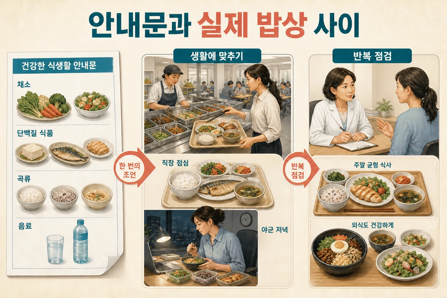 안내문과 실제 식사의 거리 내용을 설명하는 건강 정보 그림
