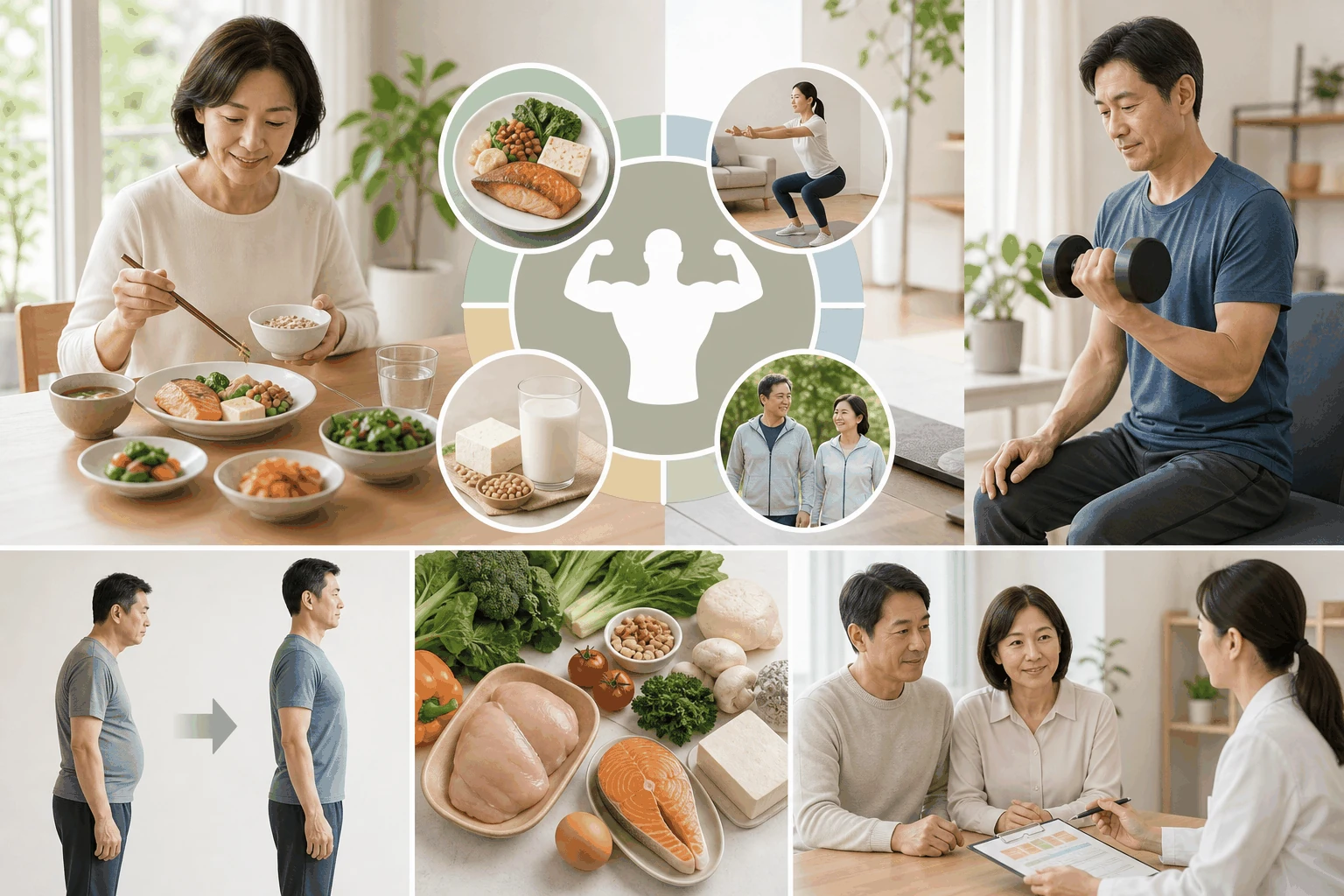 근육을 지키는 식사와 운동의 핵심 내용을 보여주는 정보 이미지