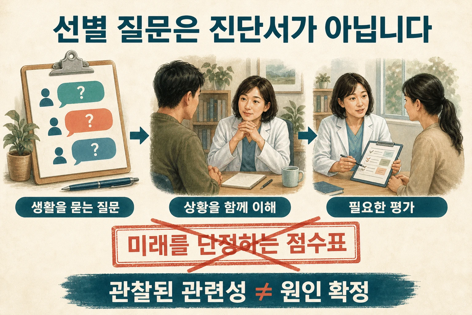 선별 결과와 진단의 거리 내용을 설명하는 건강 정보 그림