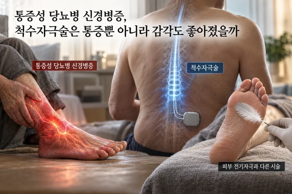 통증성 당뇨병 신경병증, 척수자극술은 통증뿐 아니라 감각도 좋아졌을까 연구 결과와 적용 한계를 보여주는 1번째 인포그래픽