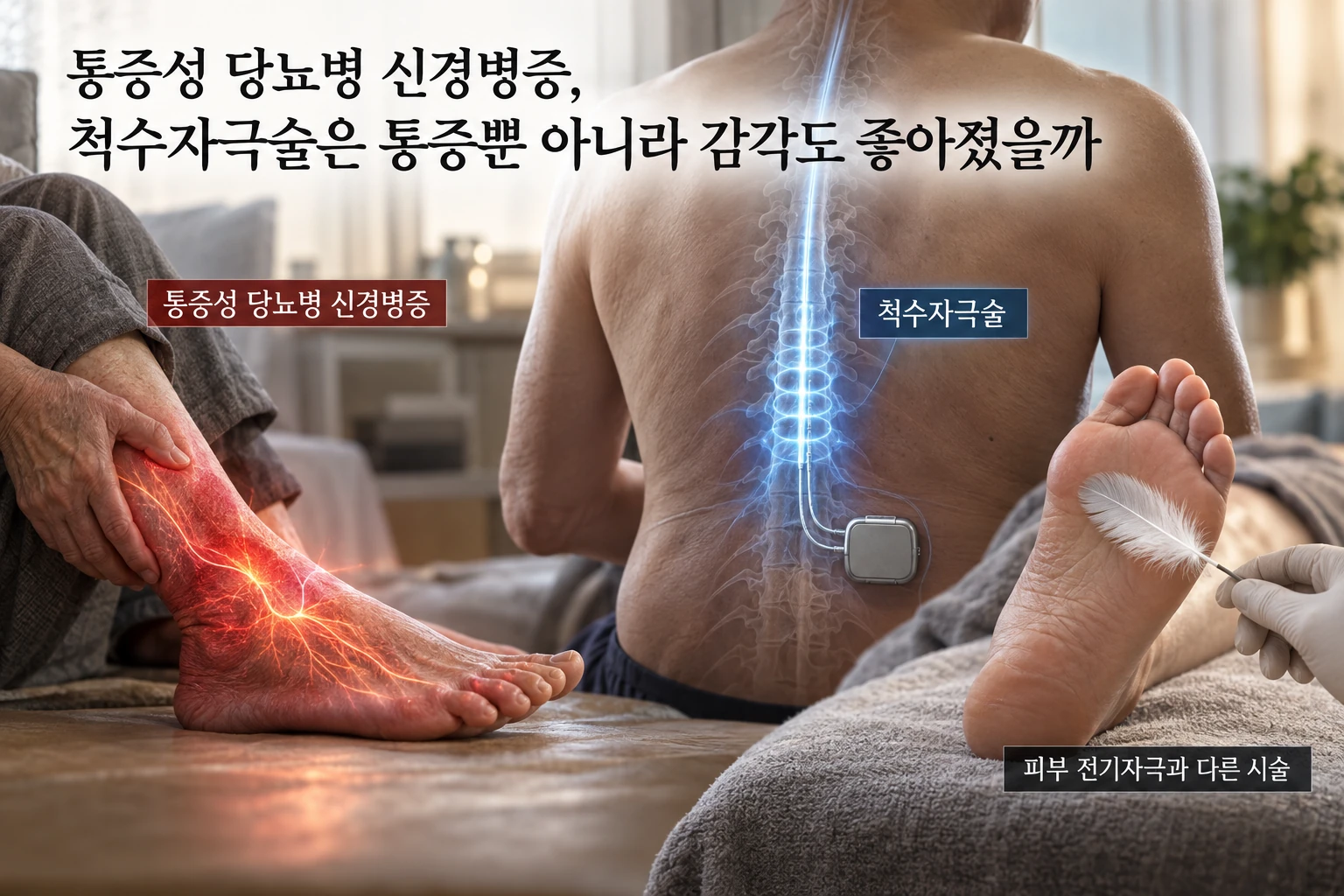 통증성 당뇨병 신경병증, 척수자극술은 통증뿐 아니라 감각도 좋아졌을까 연구 결과와 적용 한계를 보여주는 1번째 인포그래픽