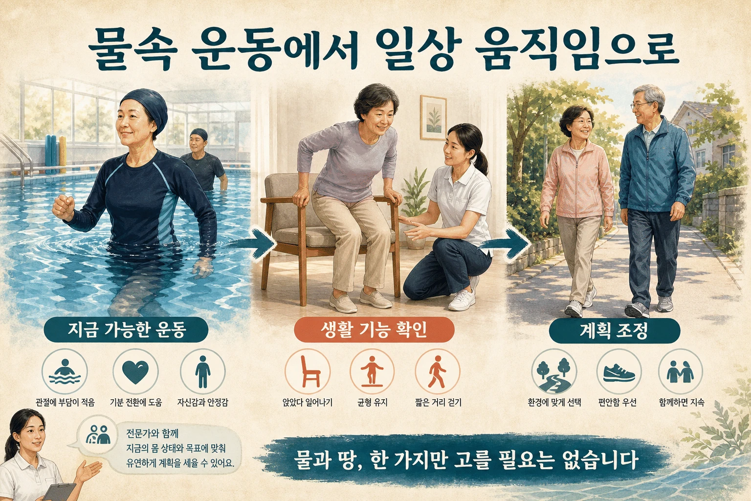 물 밖 운동과의 연결 내용을 설명하는 건강 정보 그림