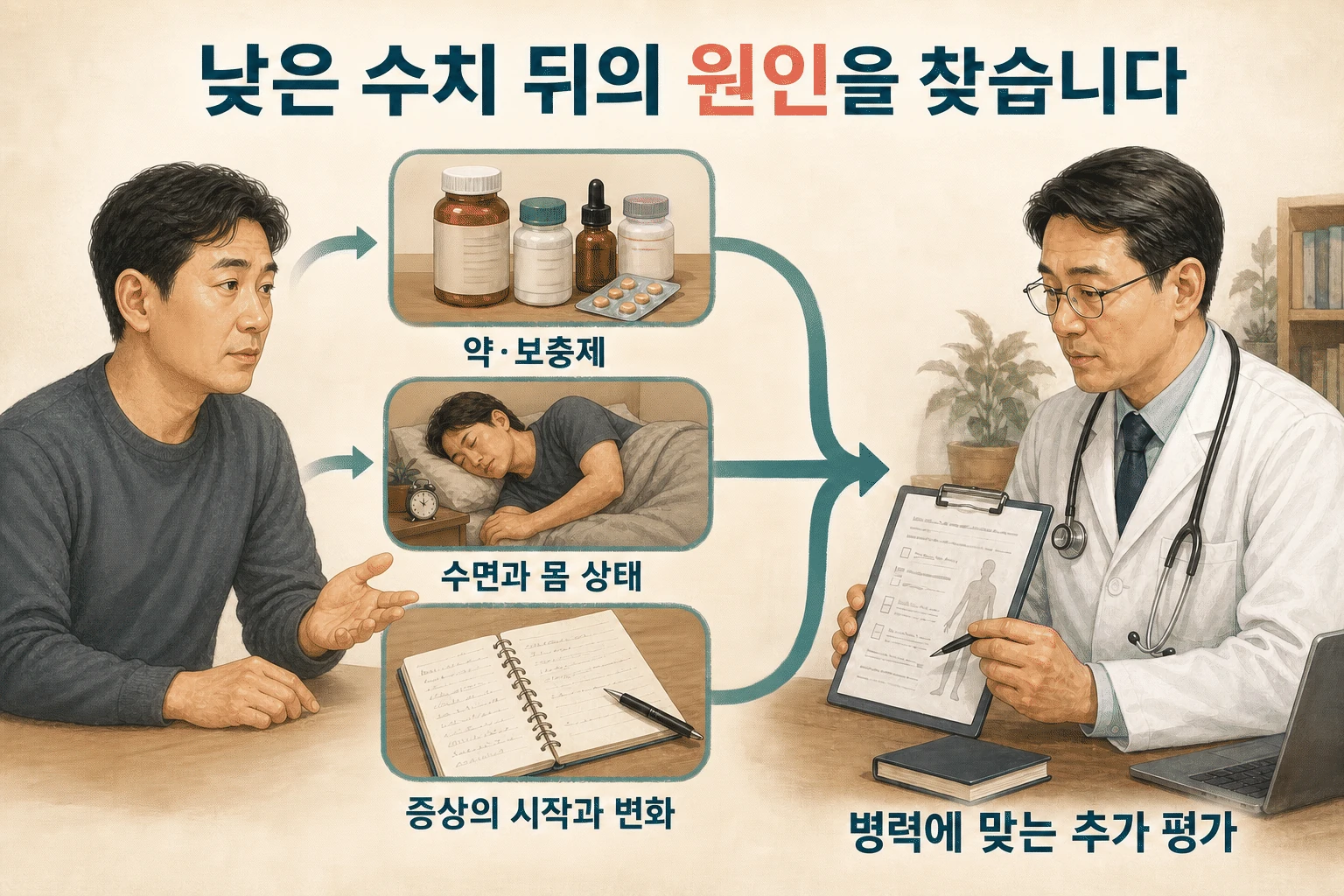 낮은 수치 뒤의 원인 내용을 설명하는 건강 정보 그림