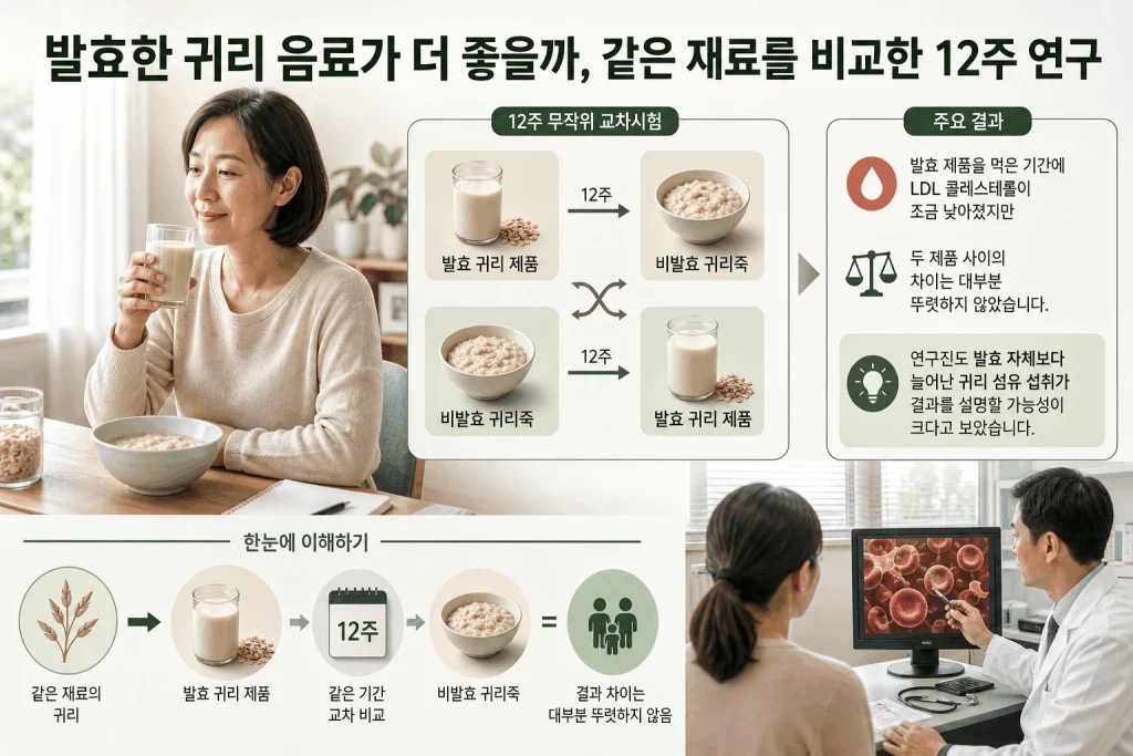 발효한 귀리 음료가 더 좋을까, 같은 재료를 비교한 12주 연구 핵심 내용을 보여주는 대표 이미지