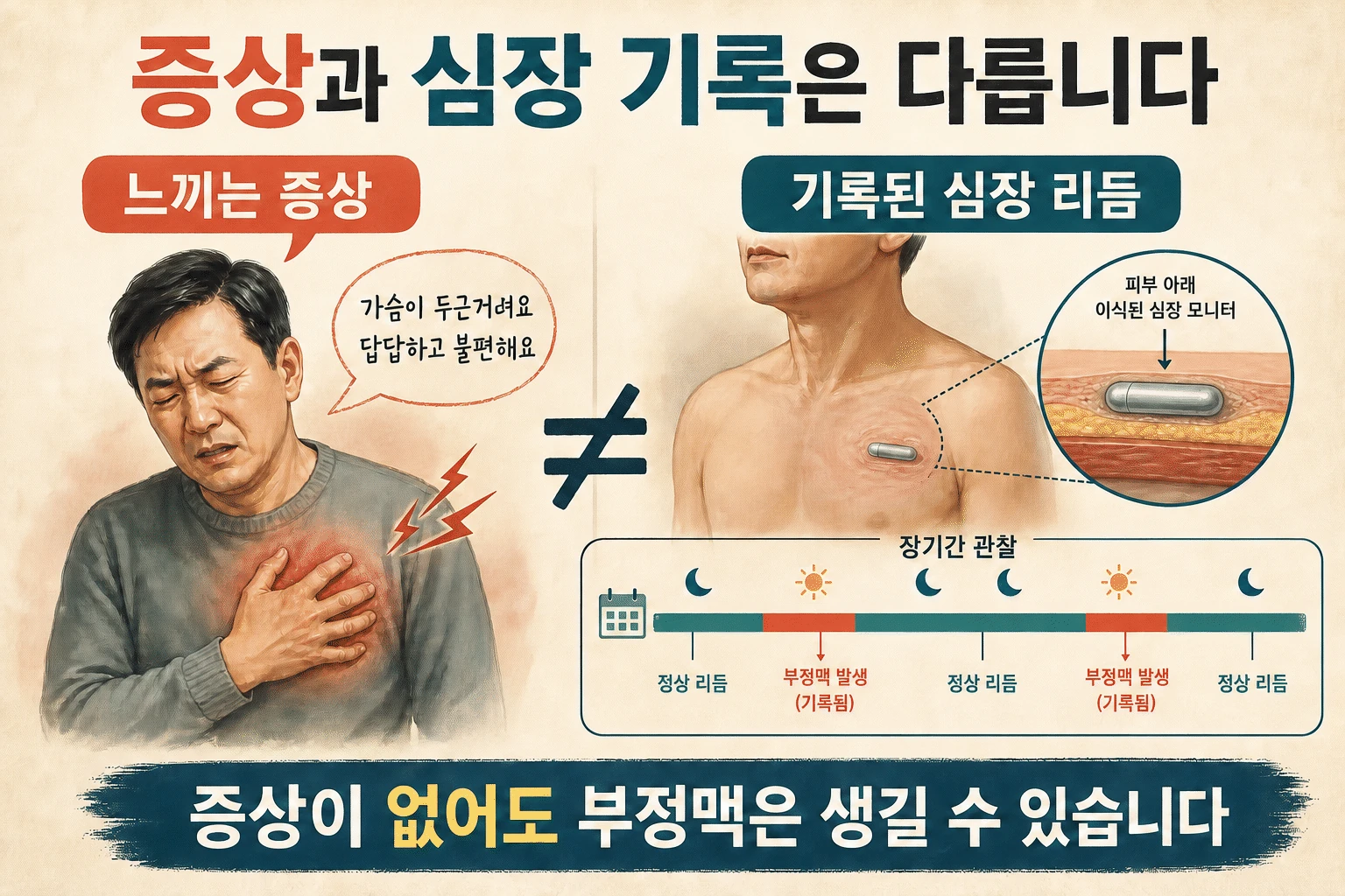 두근거림과 기록의 차이 내용을 설명하는 건강 정보 그림