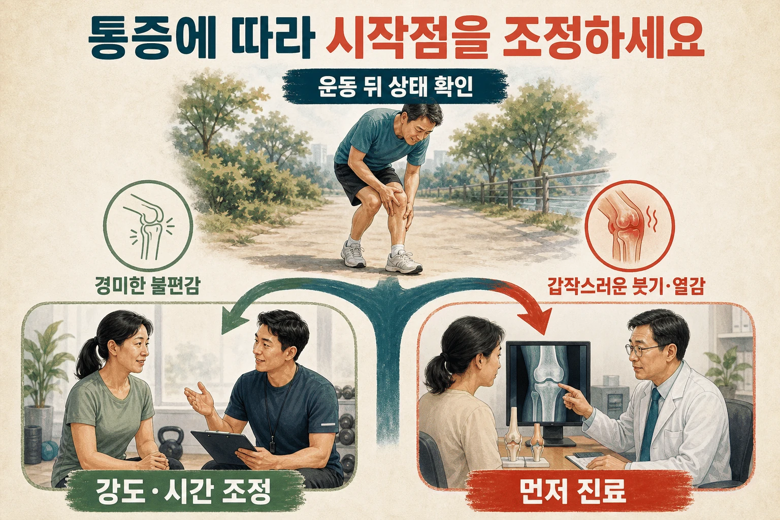 통증을 살피며 정하는 시작점 내용을 설명하는 건강 정보 그림