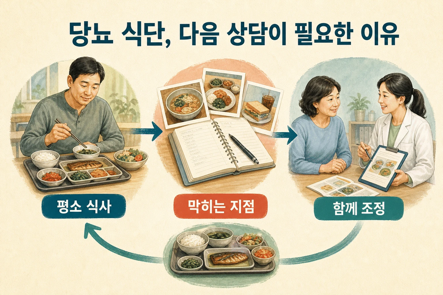 당뇨 식단을 알아도 지키기 어렵다면, 다음 상담이 필요한 이유 핵심 내용을 보여주는 대표 이미지