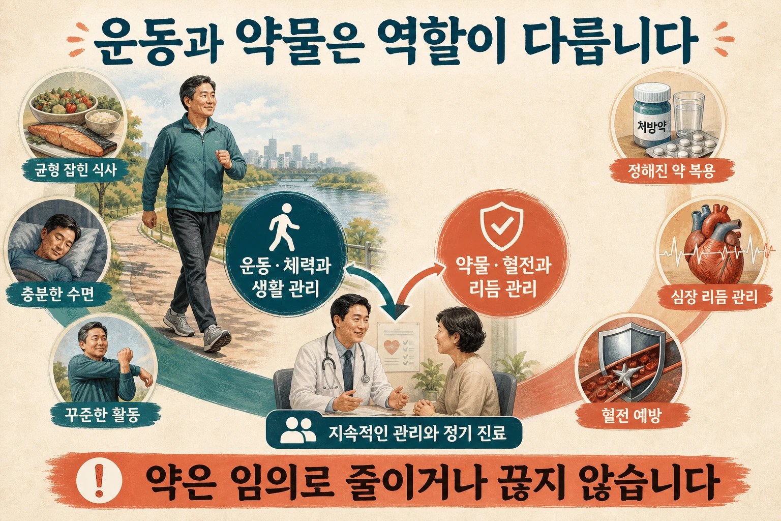 운동과 약물의 서로 다른 역할 내용을 설명하는 건강 정보 그림