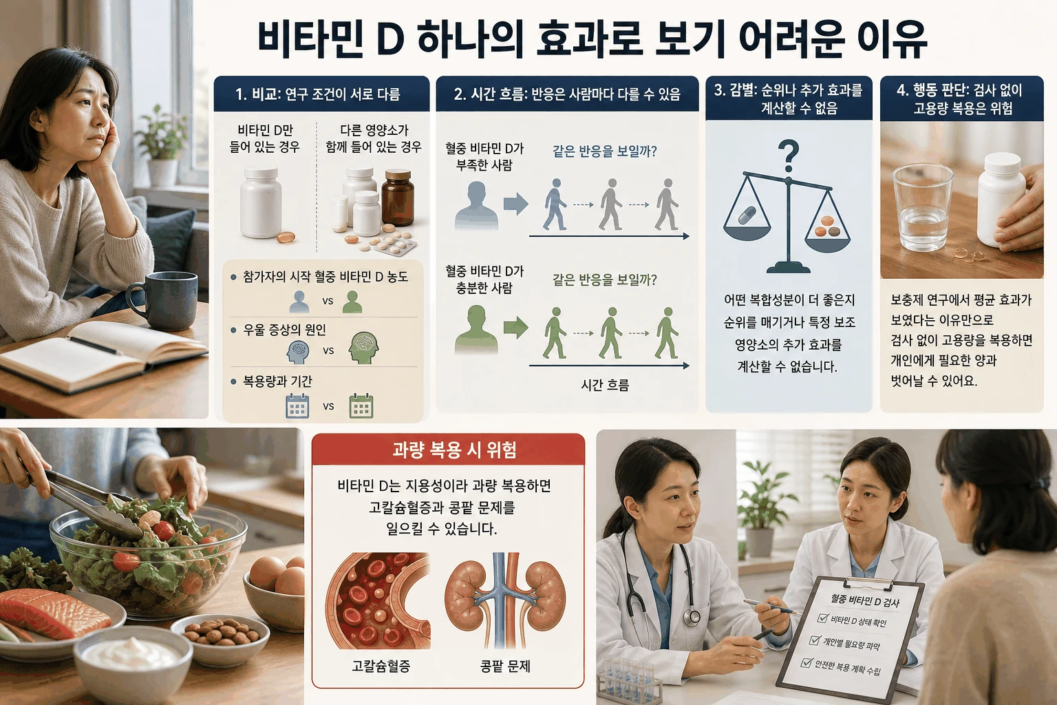 비타민 D 하나의 효과로 보기 어려운 이유 핵심 내용을 정리한 정보 그림