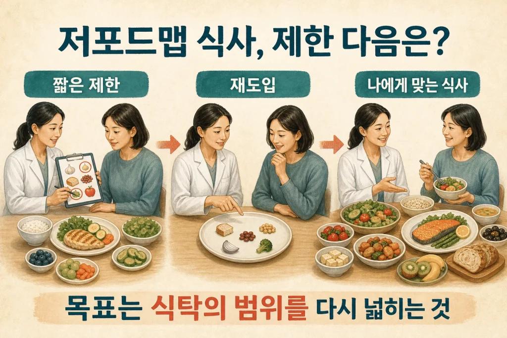 배가 편해졌다고 계속 제한할까, 저포드맵 식사의 다음 단계 핵심 내용을 보여주는 대표 이미지