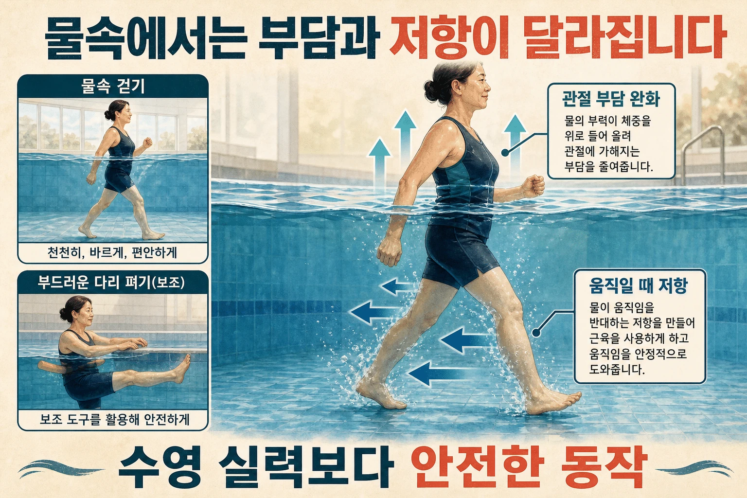 관절의 부담을 덜어 주는 환경 내용을 설명하는 건강 정보 그림
