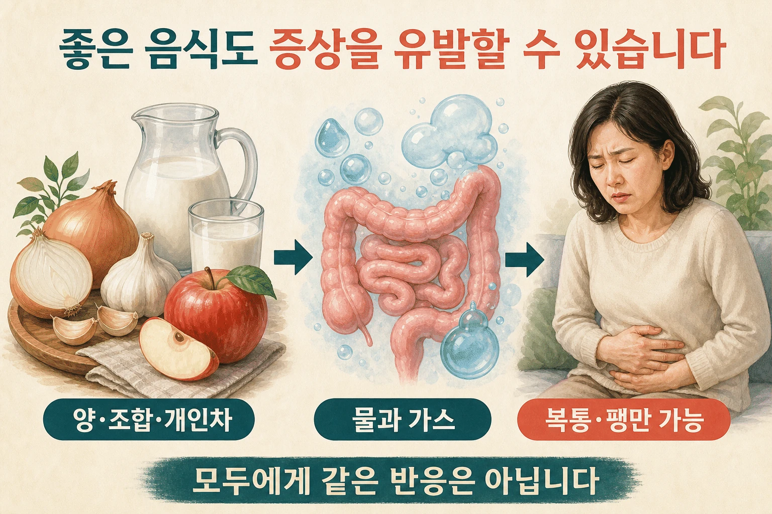 식품의 좋고 나쁨과 다른 문제 내용을 설명하는 건강 정보 그림