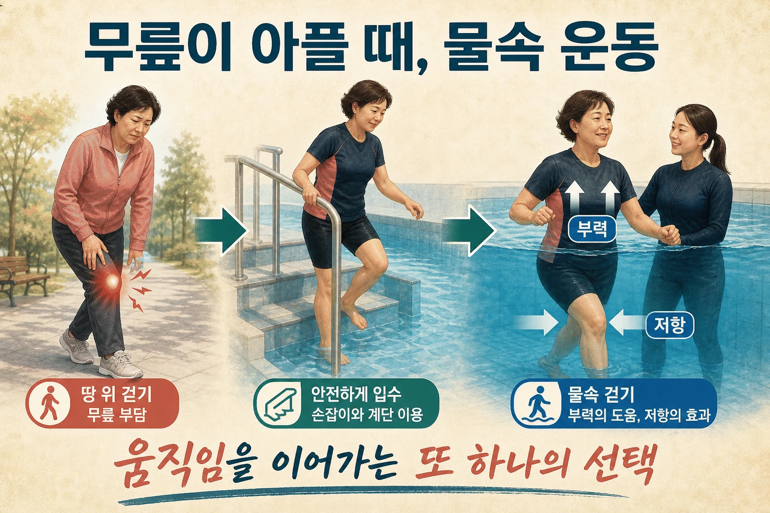무릎이 아파 걷기 힘들다면, 수중운동은 어떤 도움이 될까 핵심 내용을 보여주는 대표 이미지