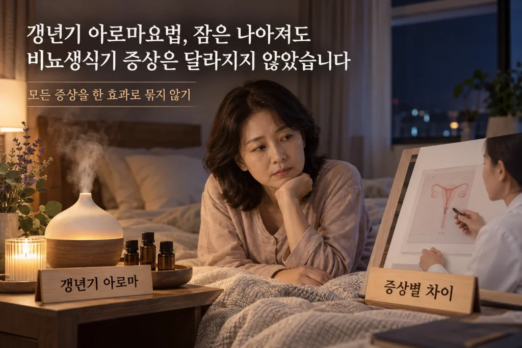 갱년기 아로마요법, 잠은 나아져도 비뇨생식기 증상은 달라지지 않았습니다 연구 결과와 적용 한계를 보여주는 1번째 인포그래픽