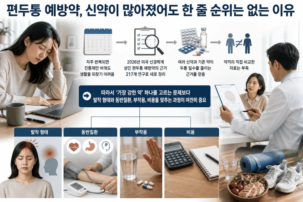 편두통 예방약, 신약이 많아졌어도 한 줄 순위는 없는 이유 핵심 내용을 보여주는 대표 이미지
