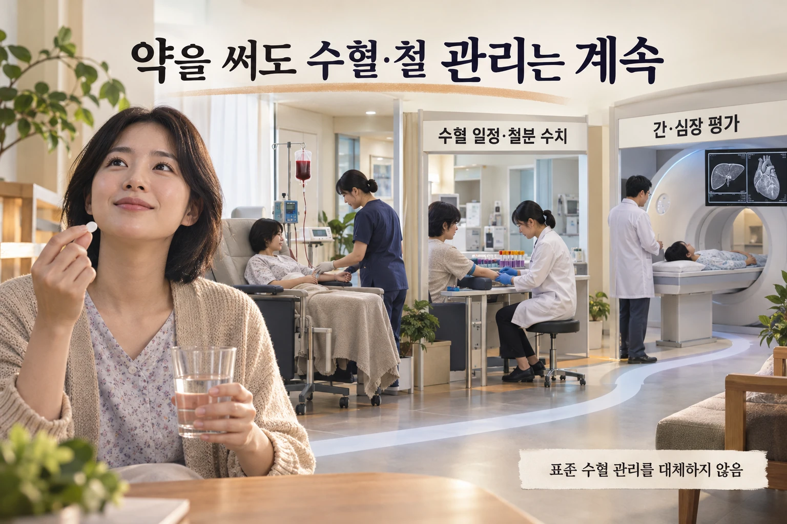 수혈 의존성 지중해빈혈, 먹는 미타피밧이 수혈 부담을 줄였을까 연구 결과와 적용 한계를 보여주는 4번째 인포그래픽