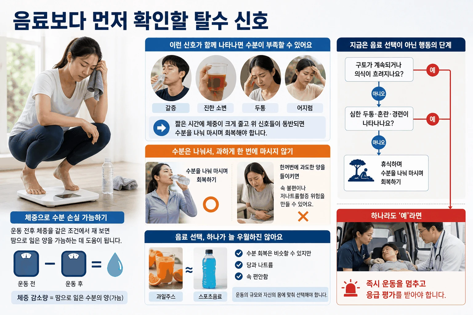 음료보다 먼저 확인할 탈수 신호 핵심 내용을 정리한 정보 그림