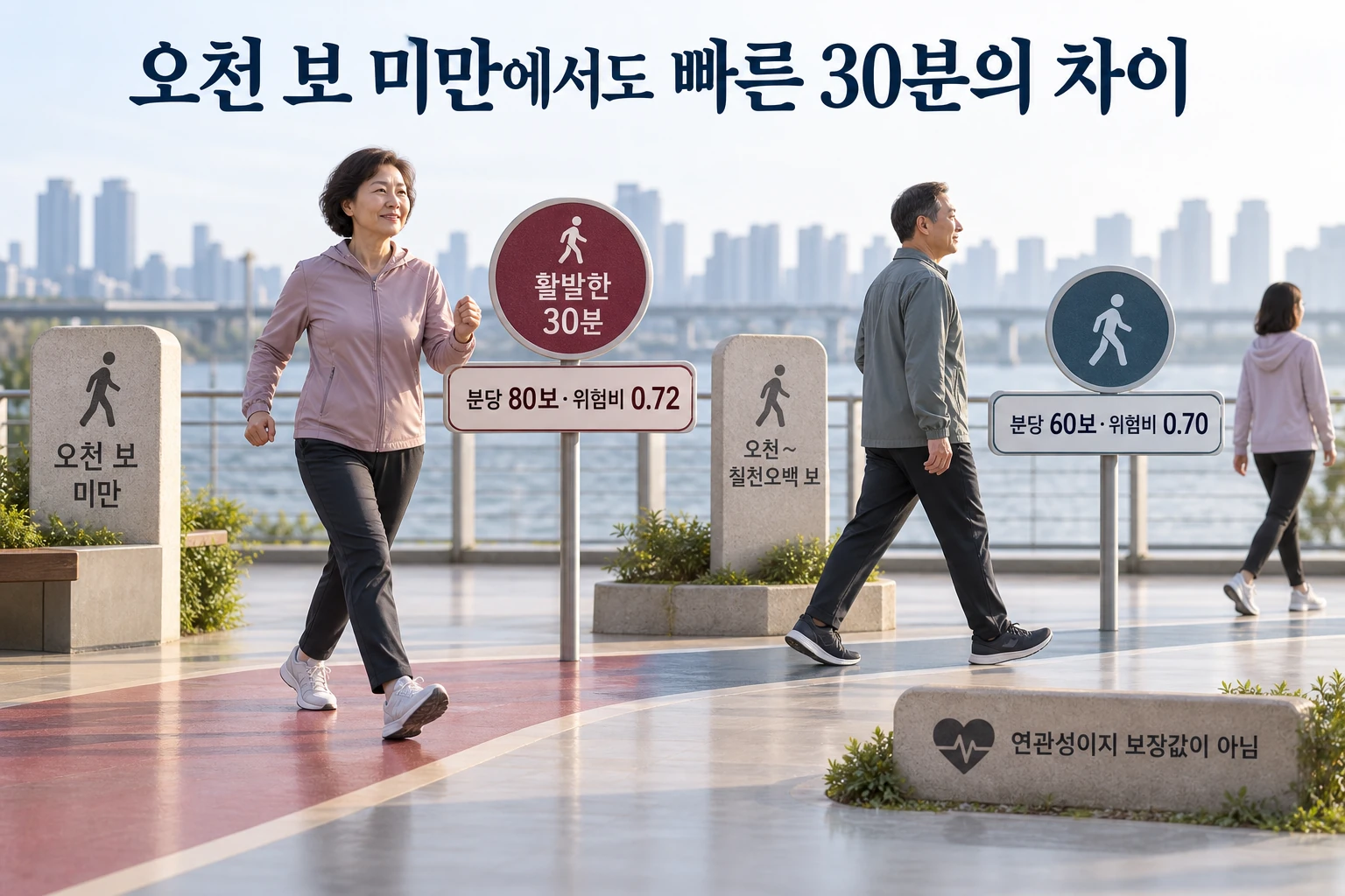 걸음 수가 적어도 속도를 높이면 달라집니다, 오천 보 미만에서 본 사망 위험 연구 결과와 적용 한계를 보여주는 3번째 인포그래픽