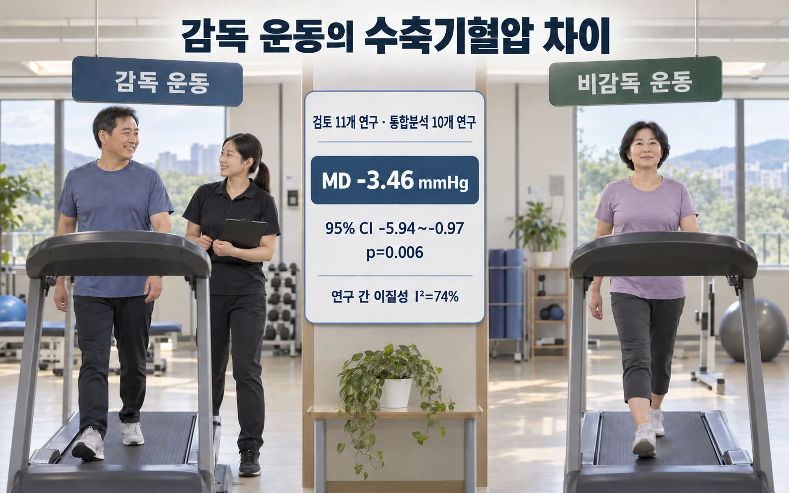 감독 운동의 수축기혈압 차이와 연구 간 이질성