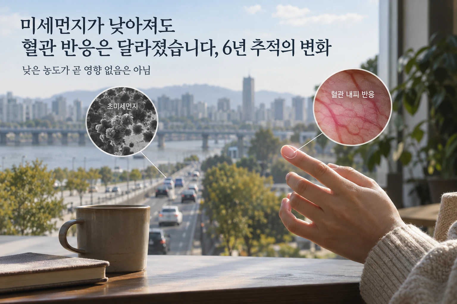 미세먼지가 낮아져도 혈관 반응은 달라졌습니다, 6년 추적의 변화 연구 결과와 적용 한계를 보여주는 1번째 인포그래픽