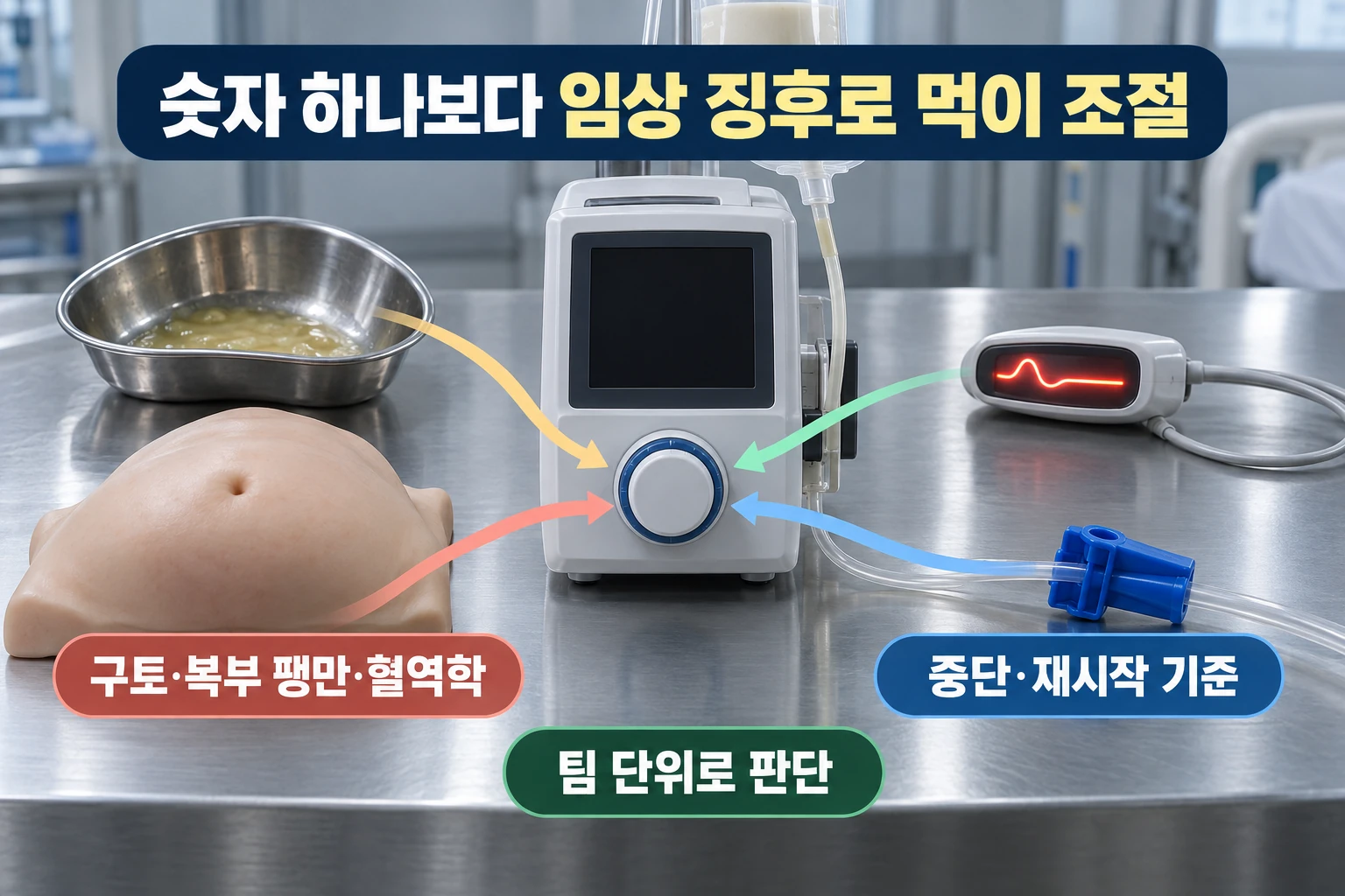 중환자실 아이의 위 잔여량 검사, 6시간마다 재지 않아도 영양 공급은 나아졌습니다 연구 결과와 적용 한계를 보여주는 4번째 인포그래픽