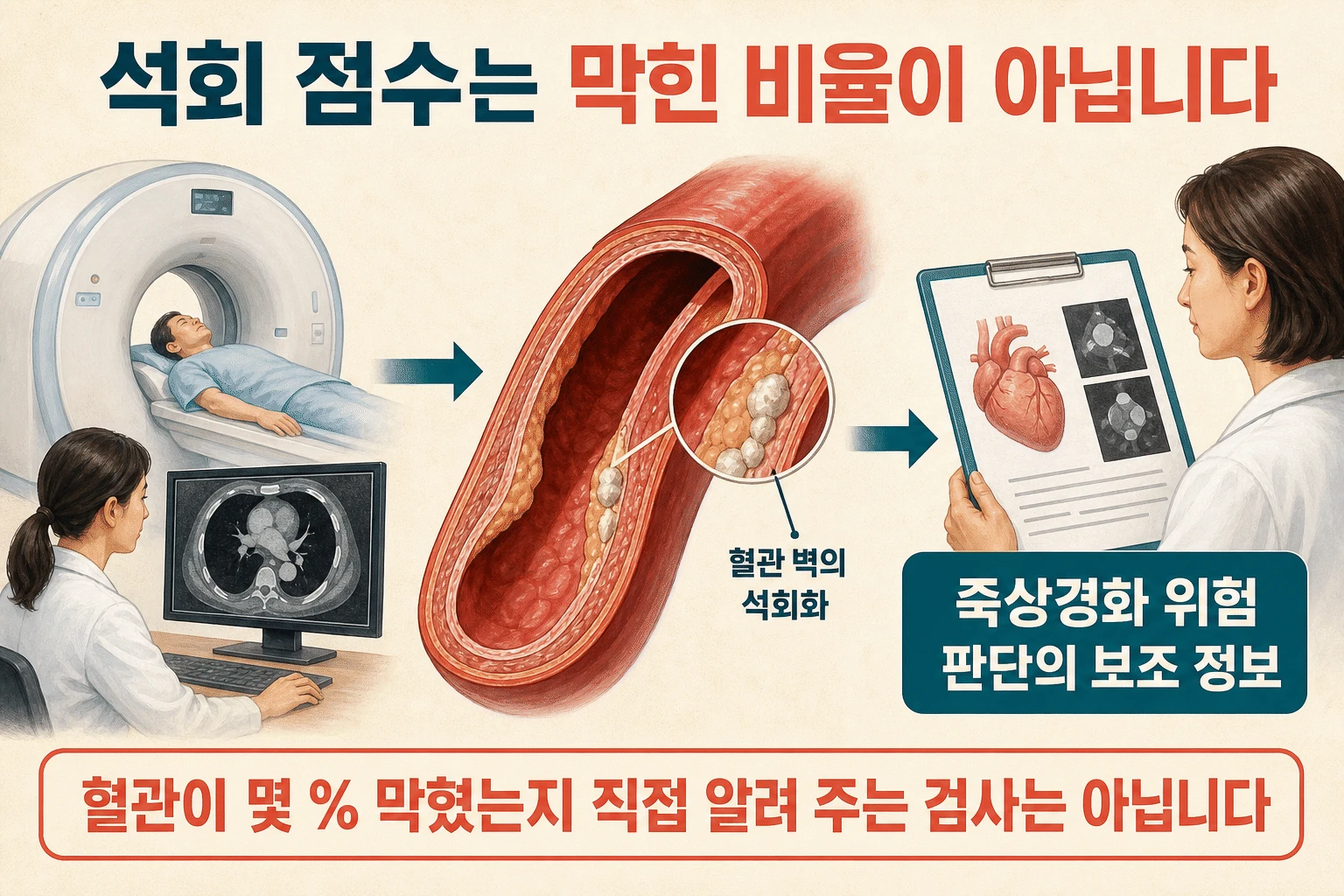 혈관 벽에 남은 석회의 정보 내용을 설명하는 건강 정보 그림