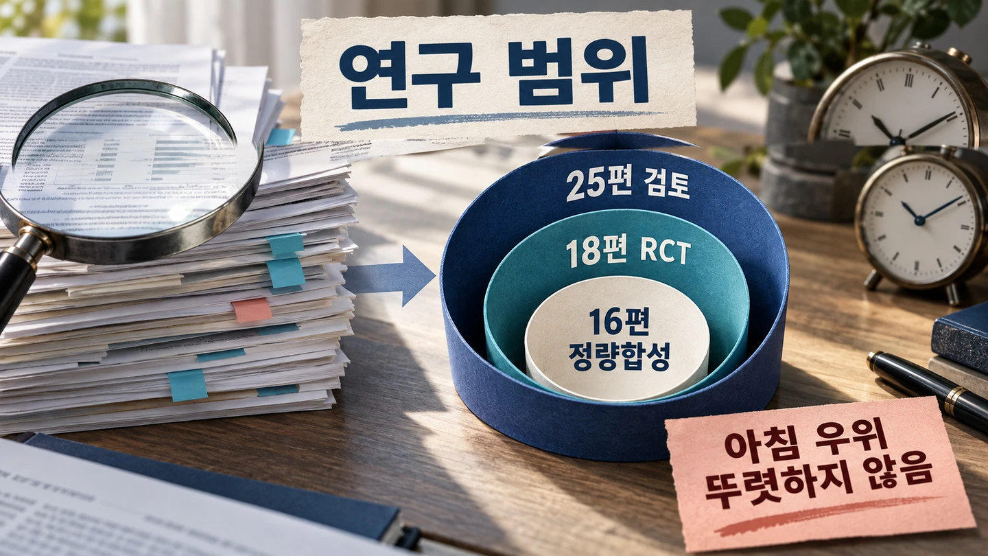 25편 검토 중 무작위시험 18편과 메타분석 16편의 관계
