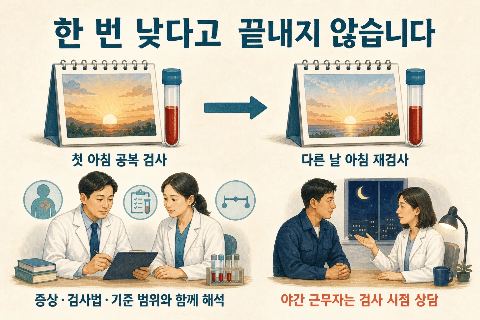 한 번의 수치로 끝내지 않는 검사 내용을 설명하는 건강 정보 그림