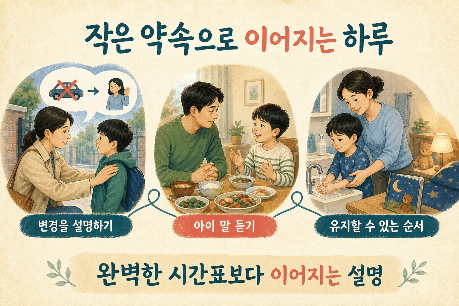 작게 반복되는 하루의 약속 내용을 설명하는 건강 정보 그림
