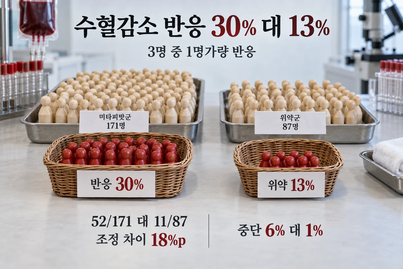 수혈 의존성 지중해빈혈, 먹는 미타피밧이 수혈 부담을 줄였을까 연구 결과와 적용 한계를 보여주는 3번째 인포그래픽