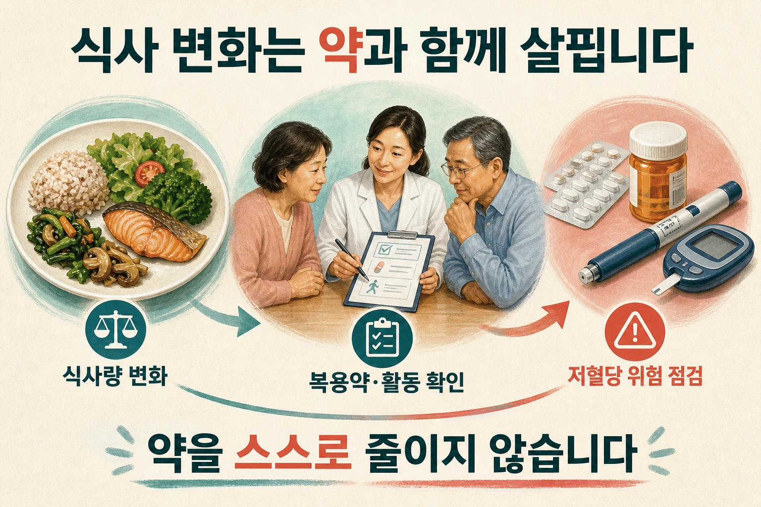 식사 변화와 약물의 균형 내용을 설명하는 건강 정보 그림