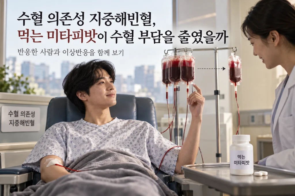 수혈 의존성 지중해빈혈, 먹는 미타피밧이 수혈 부담을 줄였을까 연구 결과와 적용 한계를 보여주는 1번째 인포그래픽