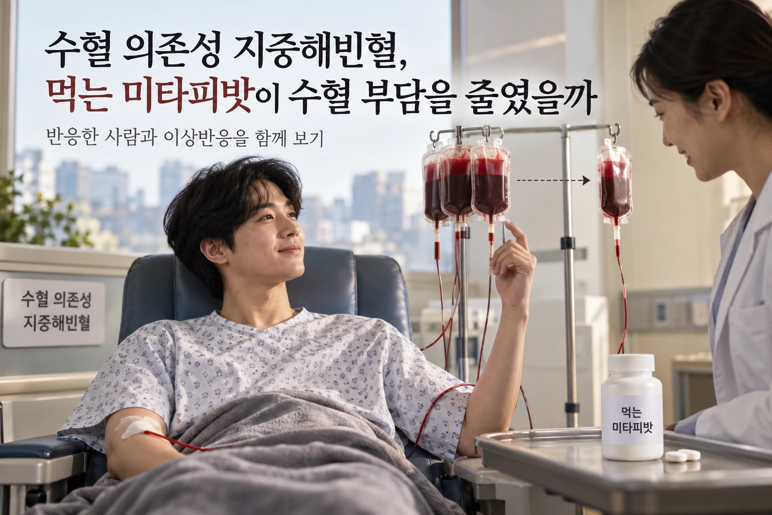 수혈 의존성 지중해빈혈, 먹는 미타피밧이 수혈 부담을 줄였을까 연구 결과와 적용 한계를 보여주는 1번째 인포그래픽