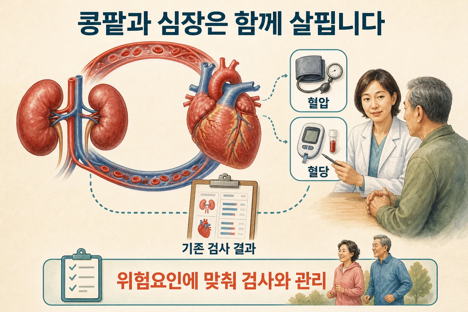 콩팥 검사와 심장 건강의 연결 내용을 설명하는 건강 정보 그림