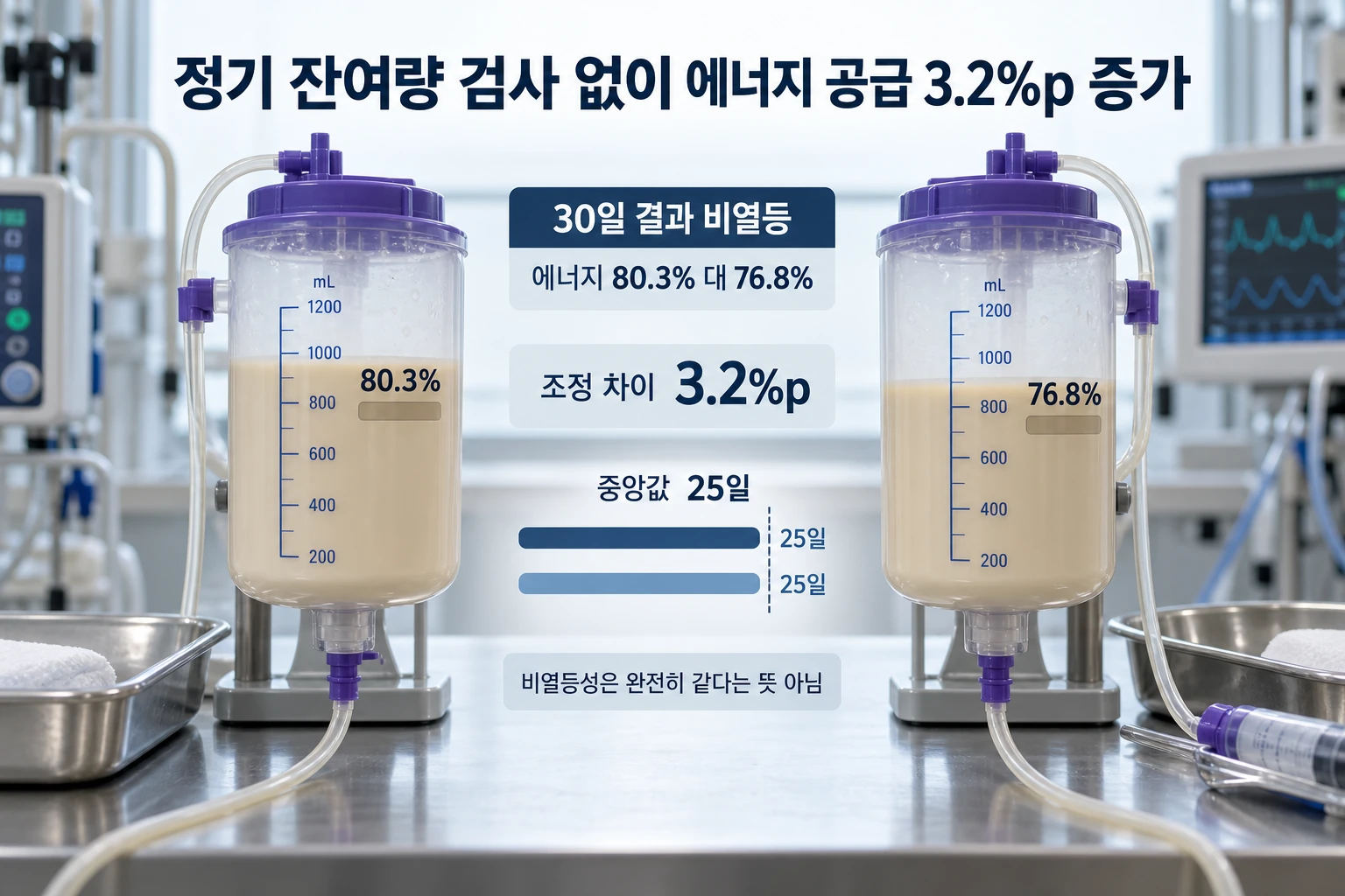 중환자실 아이의 위 잔여량 검사, 6시간마다 재지 않아도 영양 공급은 나아졌습니다 연구 결과와 적용 한계를 보여주는 3번째 인포그래픽